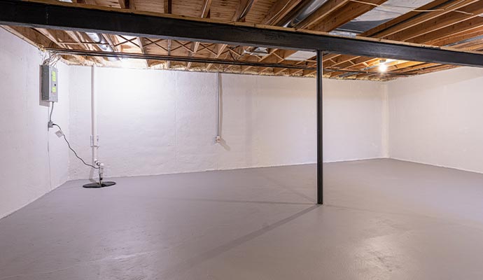 A clean waterproofed basement interior with sealed walls and sump pump