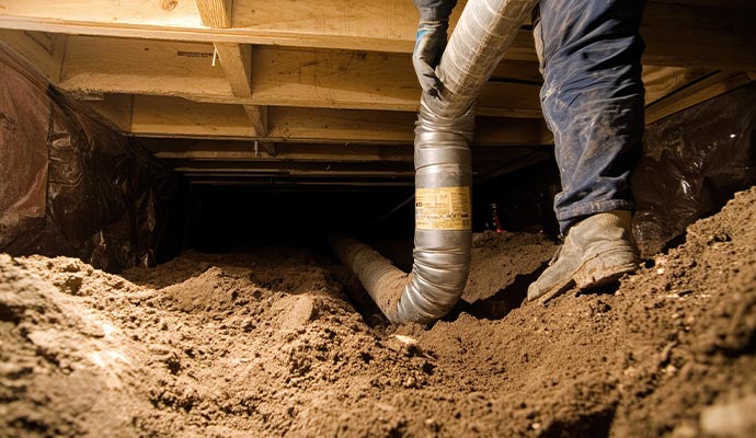 Worker installing duct in crawl space